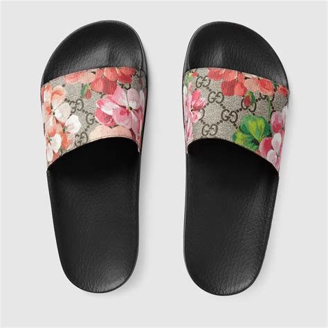 gucci bloom supreme slides worn|Gucci slides with strawberry.